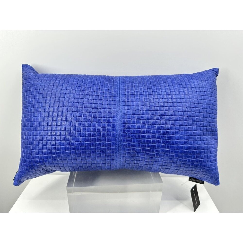 GARUGLIERI BLUE LEATHER DUCK FEATHERS FILLED WOVEN PILLOW 19.x11.5”Made In Italy